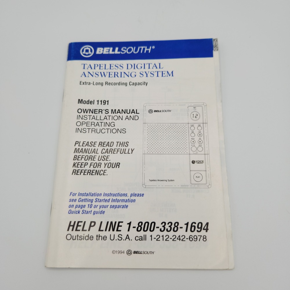 Vintage 1994 Bellsouth Answering Machine Manual Model 1191